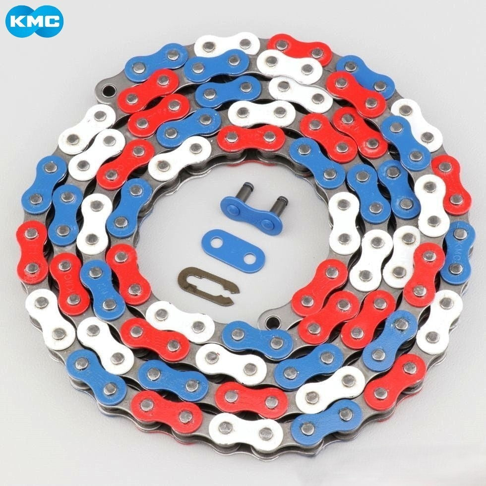 Chaîne 420 renforcée 138 maillons KMC bleue, blanche, rouge
